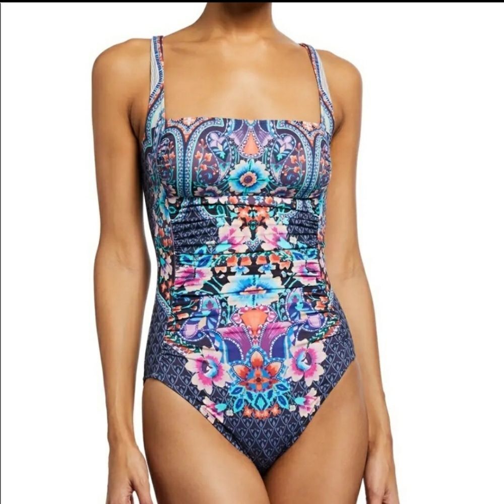 Johnny Was Saba Rouched Bandeau One-Piece Swimsuit